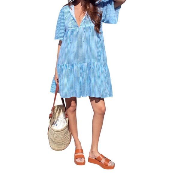 Emerson Frye Isla Mini Dress Sunday Stripe Bluesy Organic Cotton XS/S Coastal - Picture 1 of 11
